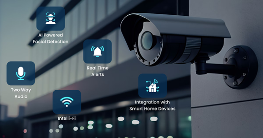 A sleek, white security camera with a glowing blue ring around the lens. It is mounted on a wall and has a smartphone nearby, displaying a live feed from the ca